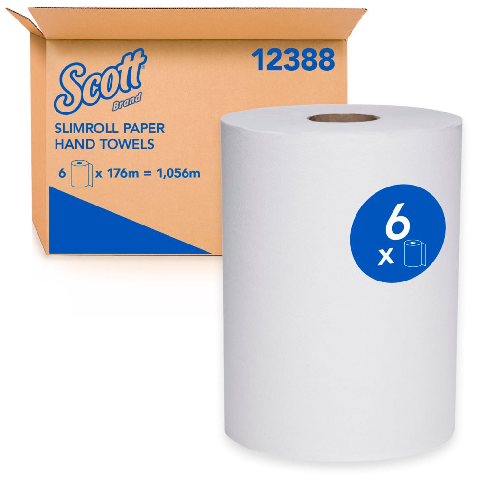 Scott® Slimroll™ Paper Hand Towels (12388), White Paper Towel Roll, 6 Compact Rolls / Case, 176m / Roll (1056m)